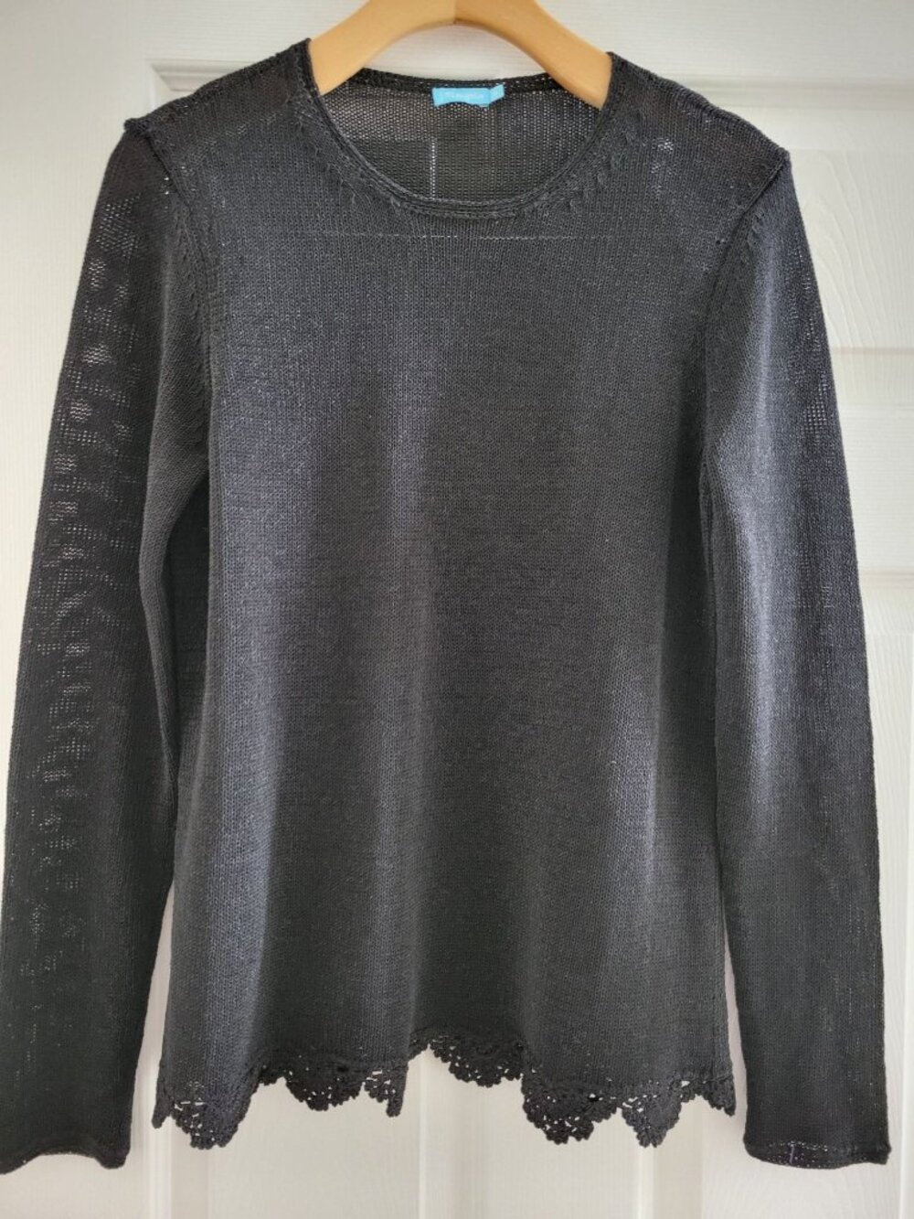 J. McLaughlin Black semi sheer Sweater Crochet Lace Hem top size Medium Capsule